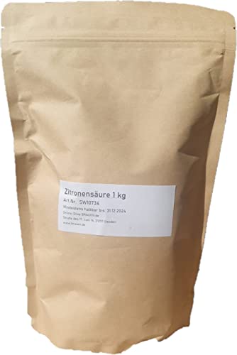 Zitronensäure 1 kg (100%) E330, Lebensmittelqualität, BRAUEN.de, kristallines Pulver zum Säuern und Konservieren von Lebensmitteln, ebenso als organischer Reiniger anwendbar