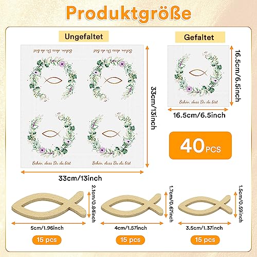 40 Stück Servietten und 45 Stück Fischdekoration aus Holz, 'Schön, dass du da bist!', Fisch-Tischdekoration für Taufe, Kommunion, Konfirmation oder andere festliche Anlässe, 33 x 33cm