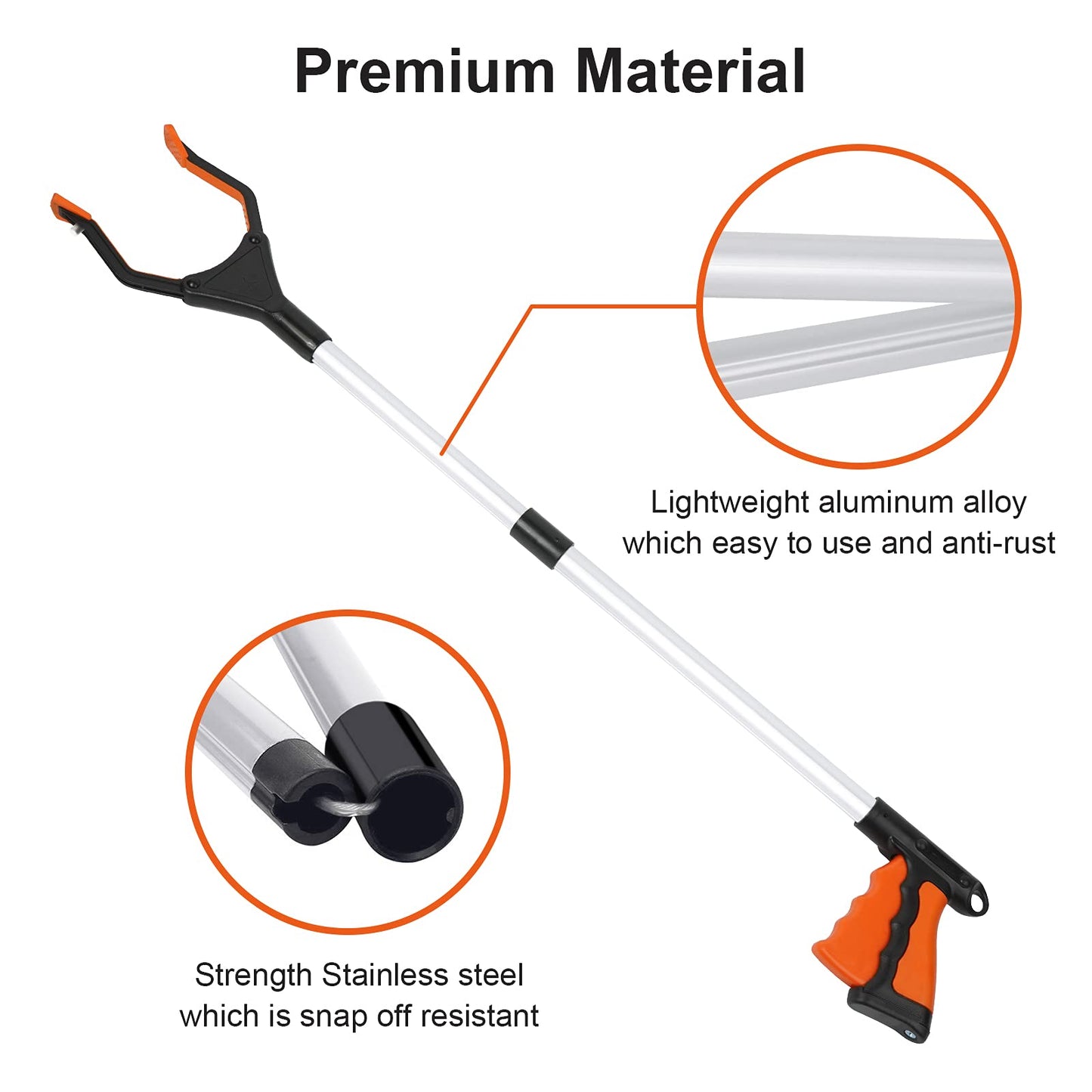 ZOJI Greifzange,82cm Greifer Lang für Senioren,Faltbar Müllzange,Aluminium Müllgreifer,230g Leicht Müll Zange,mit Drehbarem Magnet Handgreifer,Greifarm für Müll,orange