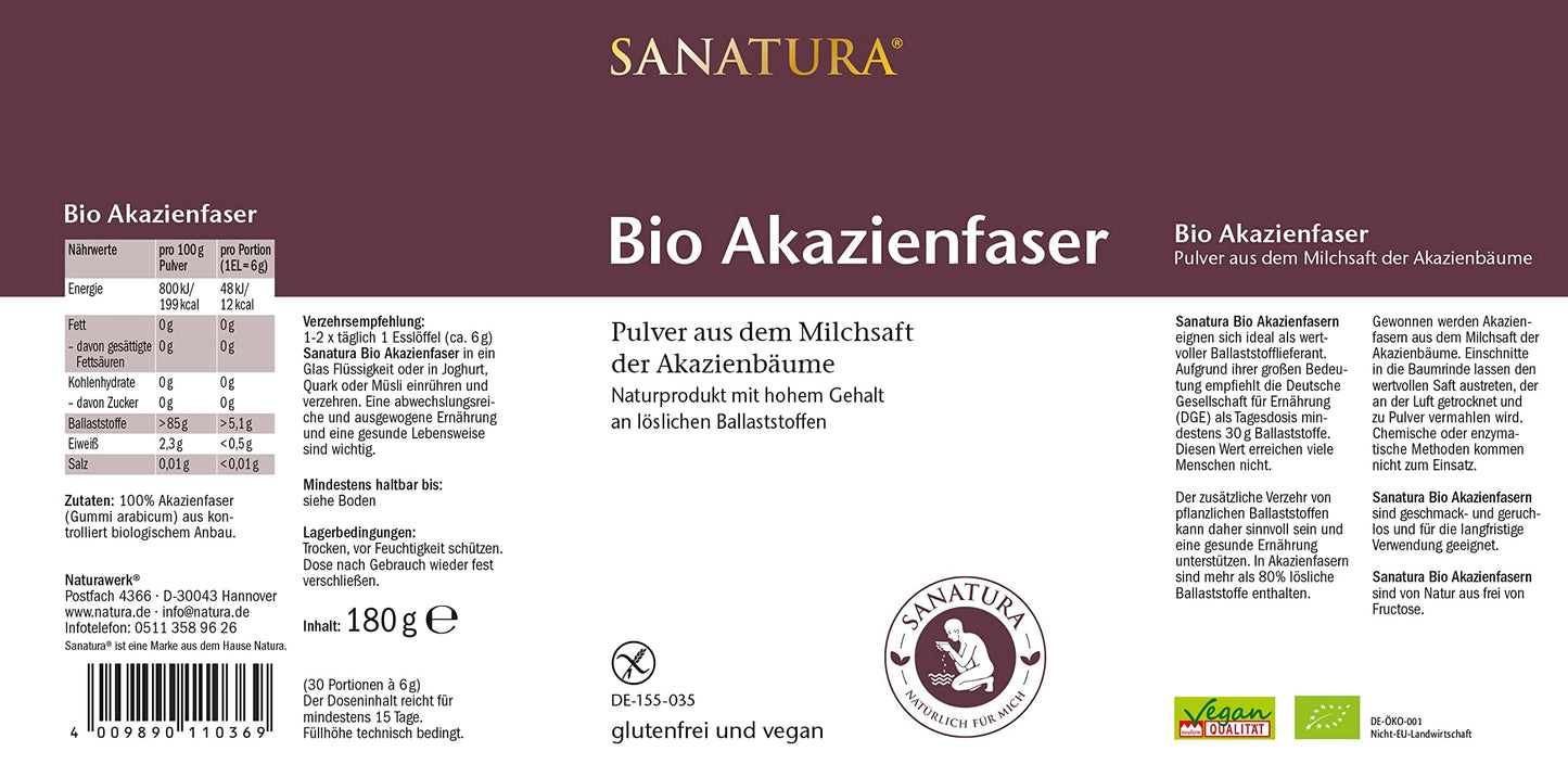 3 x 180 g Sanatura Akazienfaser Pulver Bio – 540 g – wertvoller Ballaststofflieferant aus Akazienfasern - lösliche Ballaststoffe - vegan, glutenfrei und fructosefrei – gut verträglich