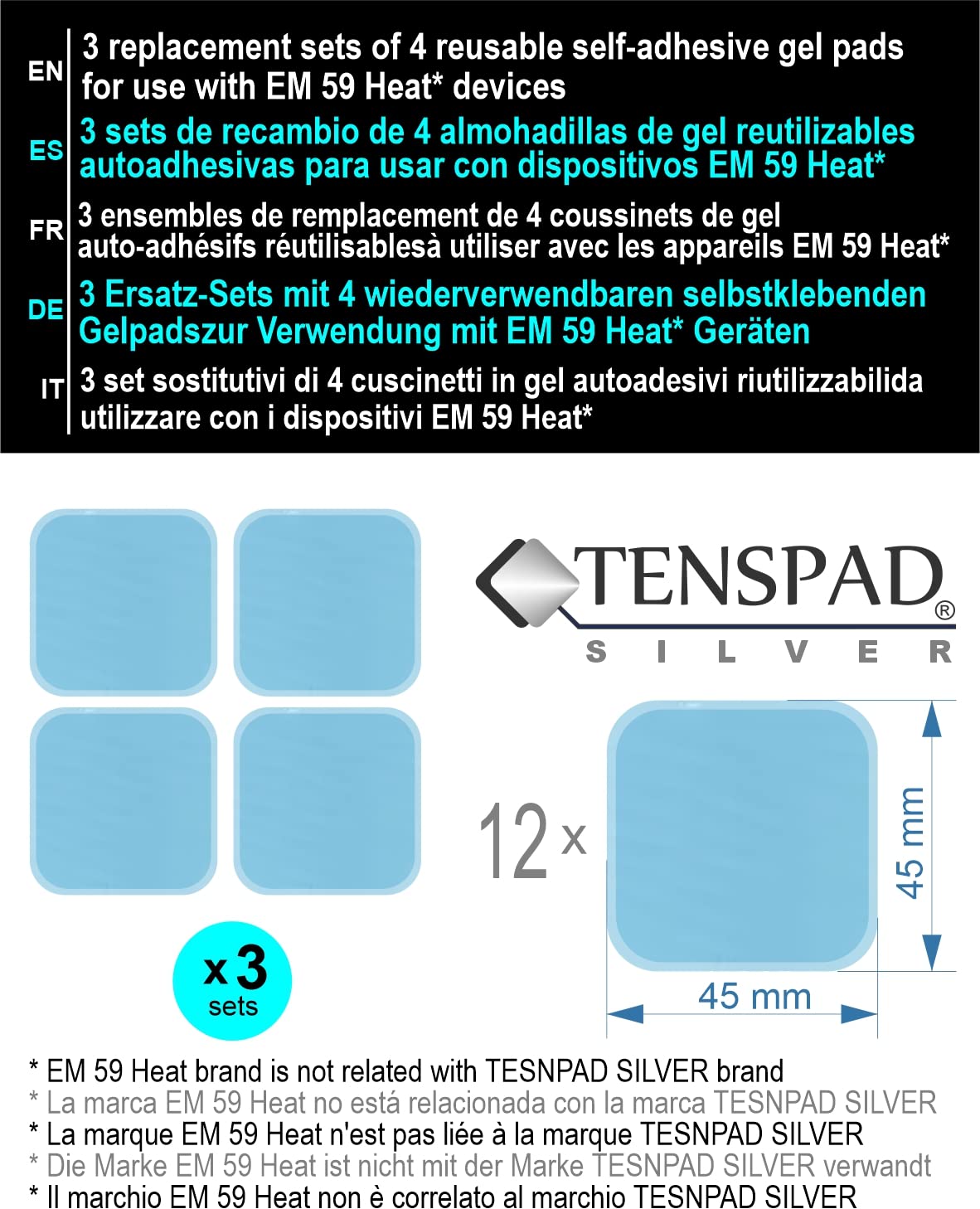 3 Ersatzsets (12 Stück) Gel Pads Tenspad Silver kompatibel mit Beurer EM 59 Heat Geräten. Sparen Sie bis zu 30% des Preises