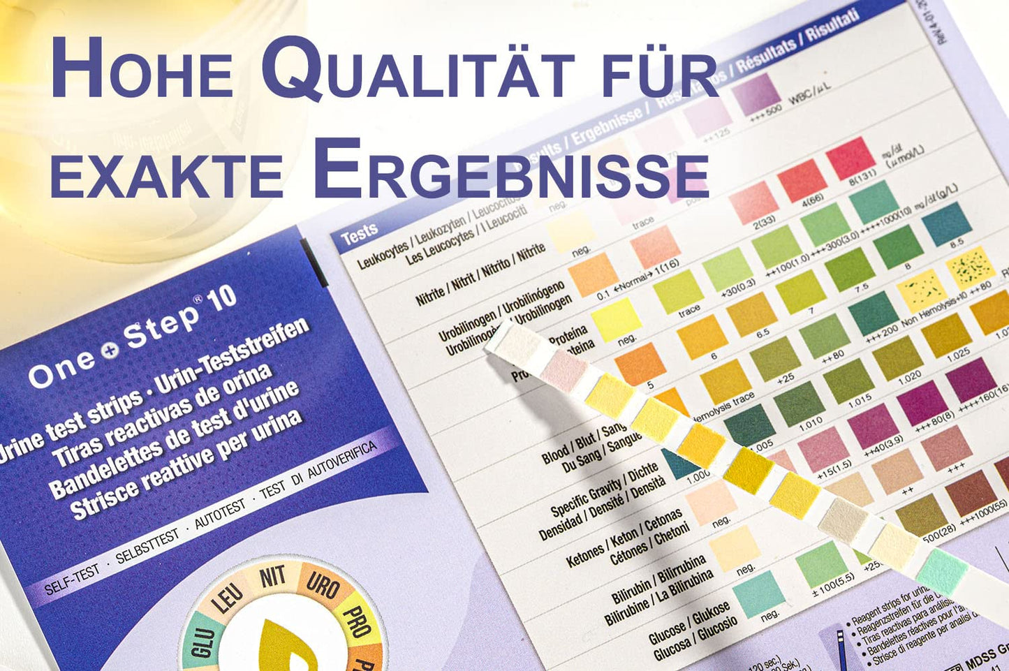 100 Stück One+Step Urin Teststreifen für 10 Indikatoren I Gesundheitstest mit Referenzfarbkarte I Urin Test für Harnwegsinfekt I Urinanalyse Säuren Basen Haushalt