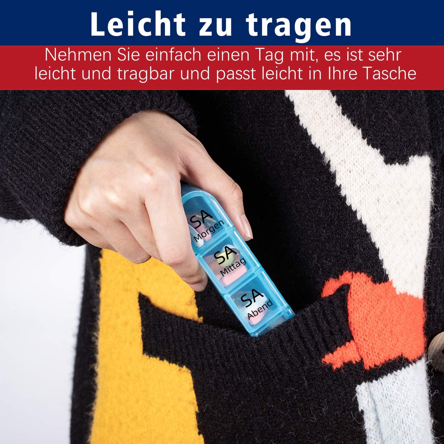 Doruimi Tablettenbox 7 Tage Morgens Mittags Abends, Klein Pillendose Große Fächer, Medikamentenbox 7 Tage 4 fächer mit Einfachem Offenem Design FüR Kinder äLtere und Arthritische HäNde - Blau