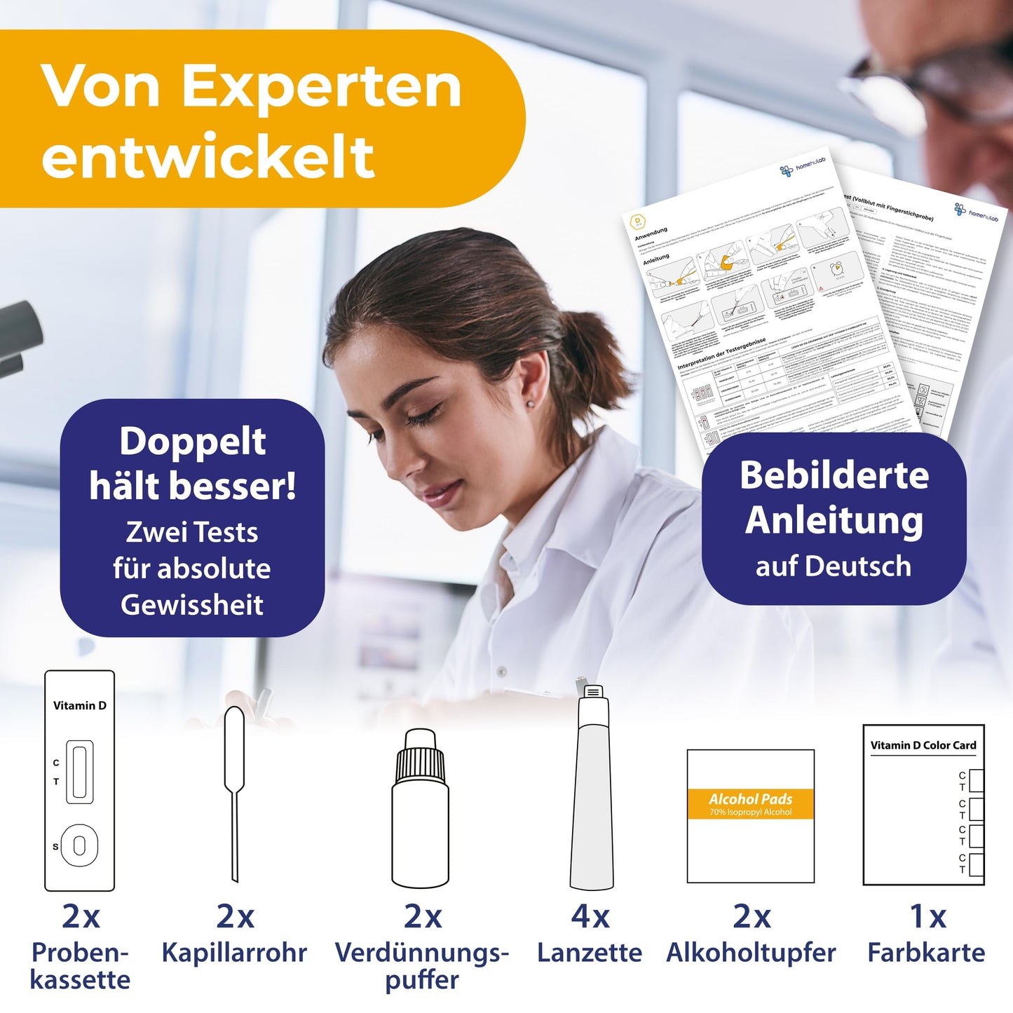 2x Vitamin D Selbsttest - Einfacher Vitamin D Test für Zuhause mit sofortigem Ergebnis bei Müdigkeit, Erschöpfung & Vitamin D3 K2 Mangel