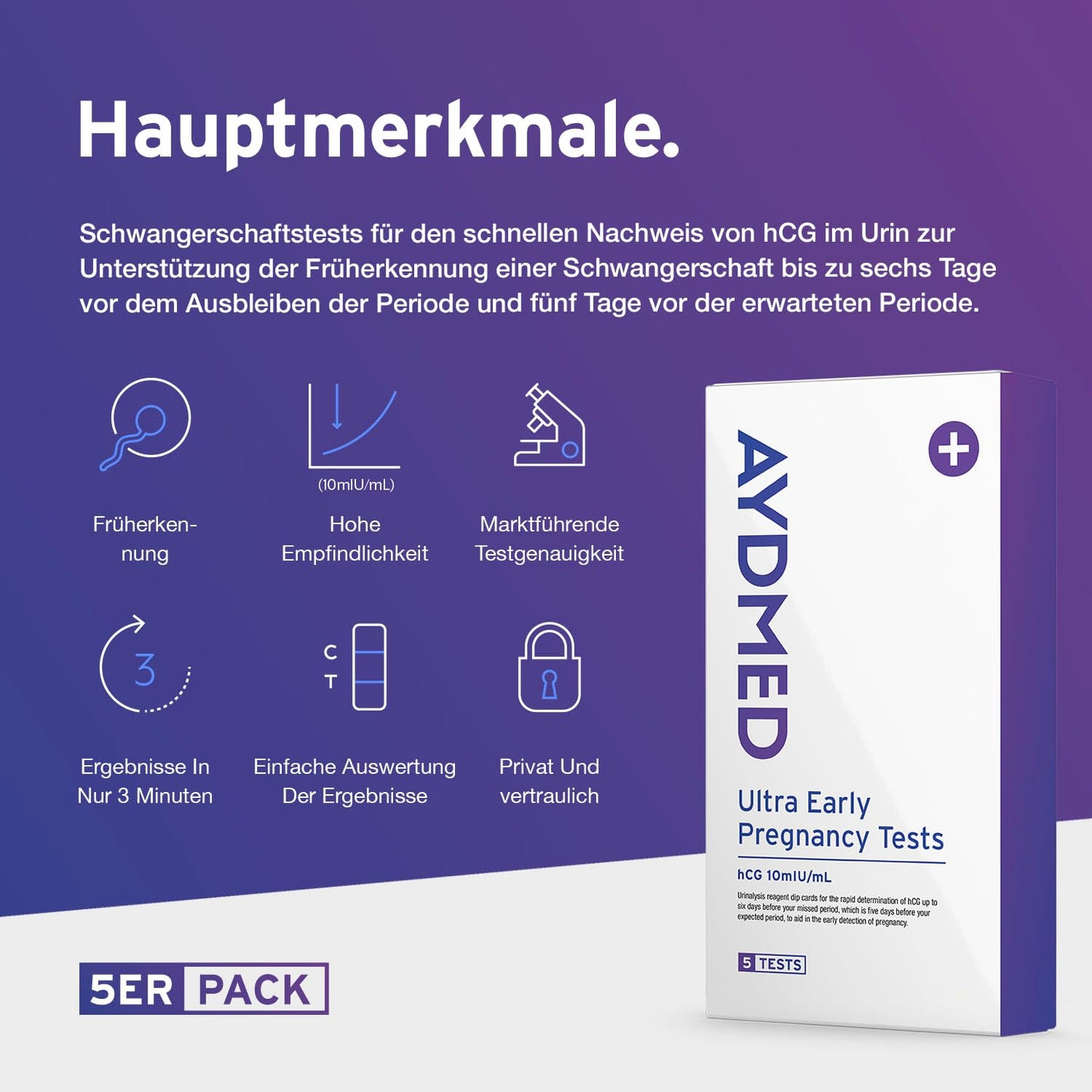 5 x Aydmed Profi Frühschwangerschaftstest | Ultra-Empfindlicher Schwangerschaftstest zum Nachweis der Schwangerschaft im Urin | Genauigkeit über 99% | Test 6 Tage vor Ausbleiben der Periode