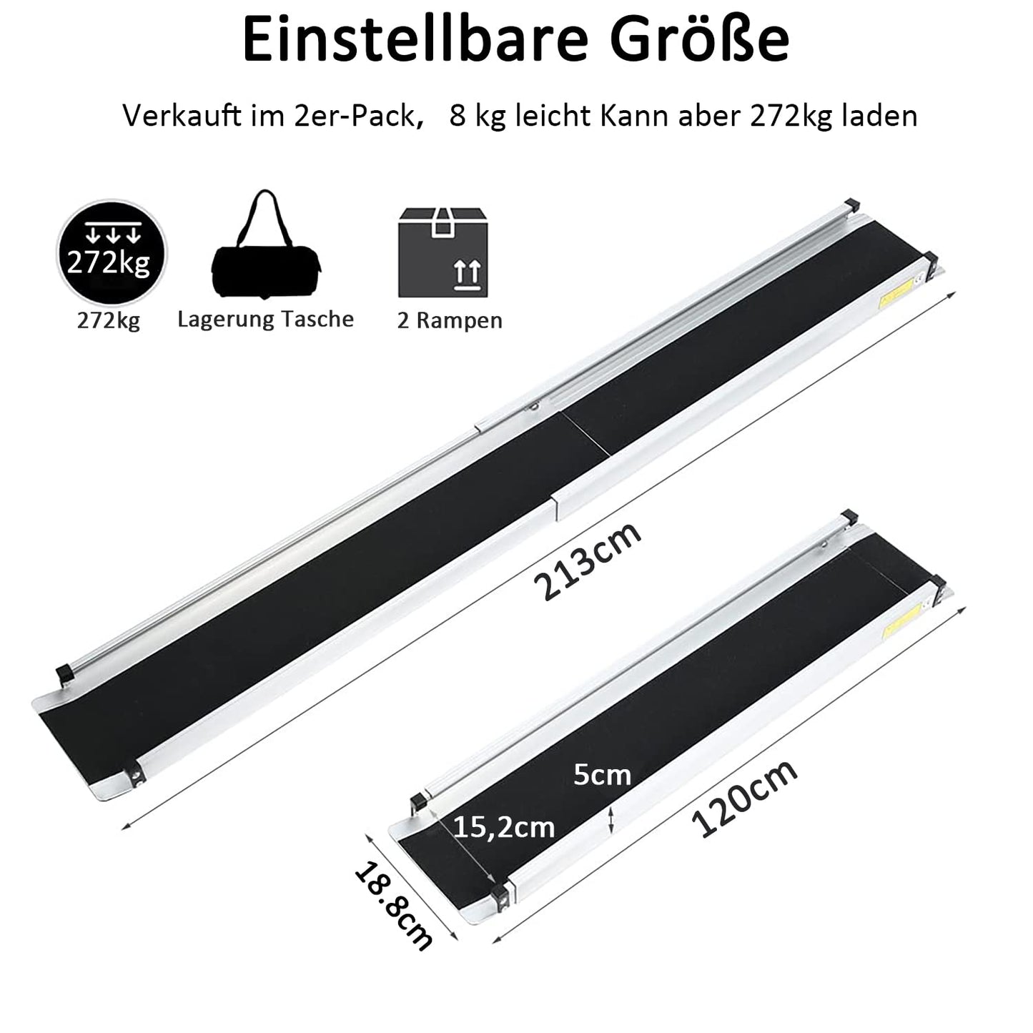 2PCS Teleskop Rollstuhlrampe 120-213cm, gardhom Verstellbare Tragbare Aluminium rutschfeste Teleskoprampe mit 272KG Ladenkapazität für Treppe Hindernissen Haus Schritte in der Textiltasche