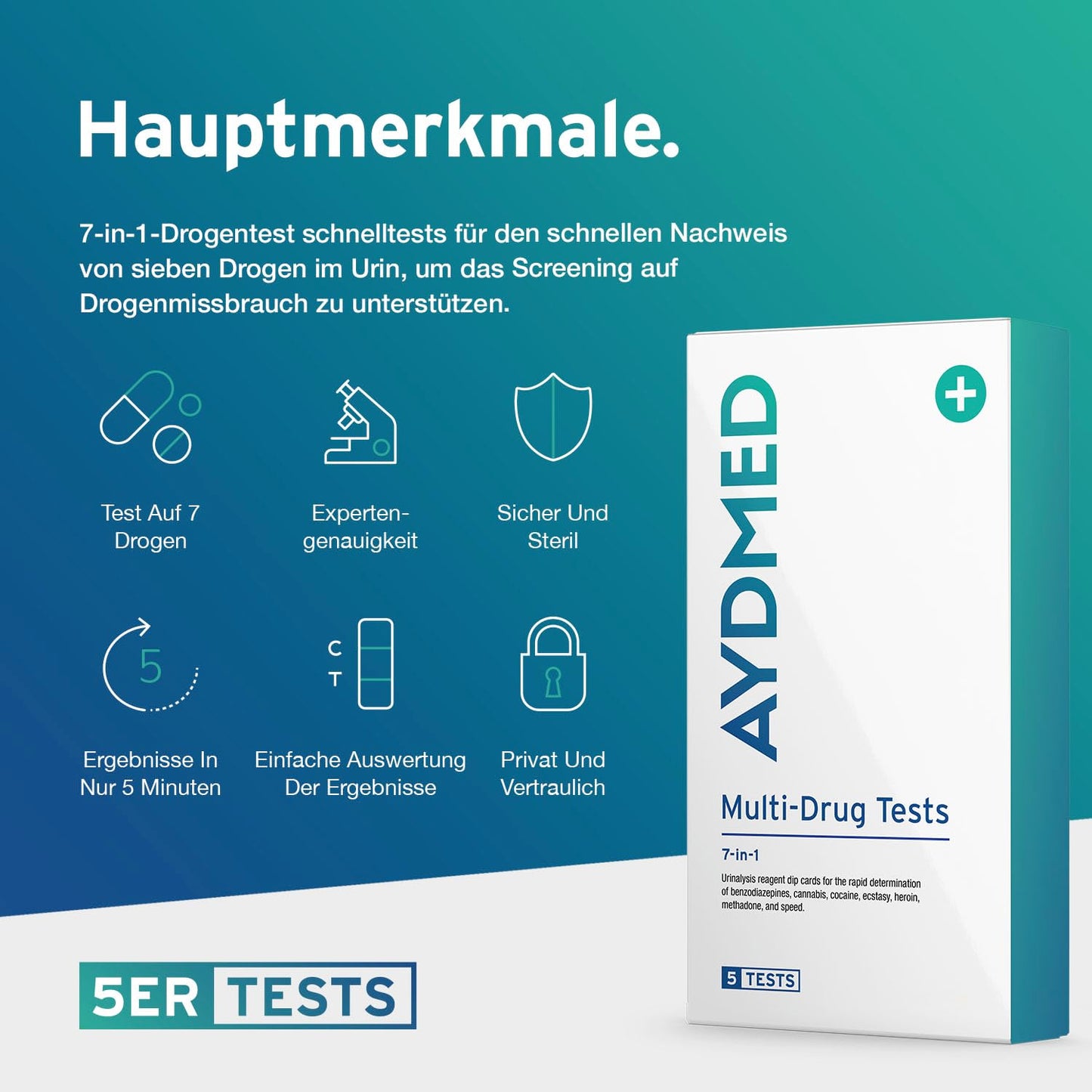 5 x AYDMED 7-in-1-Drogentest Schnelltest | Drogentest für Selbsttest-Urin-Screening | Drogentests zum Nachweis von Kokain, Opiate, Methadon, Amphetamine, Cannabis, Ecstasy und Benzodiazepine