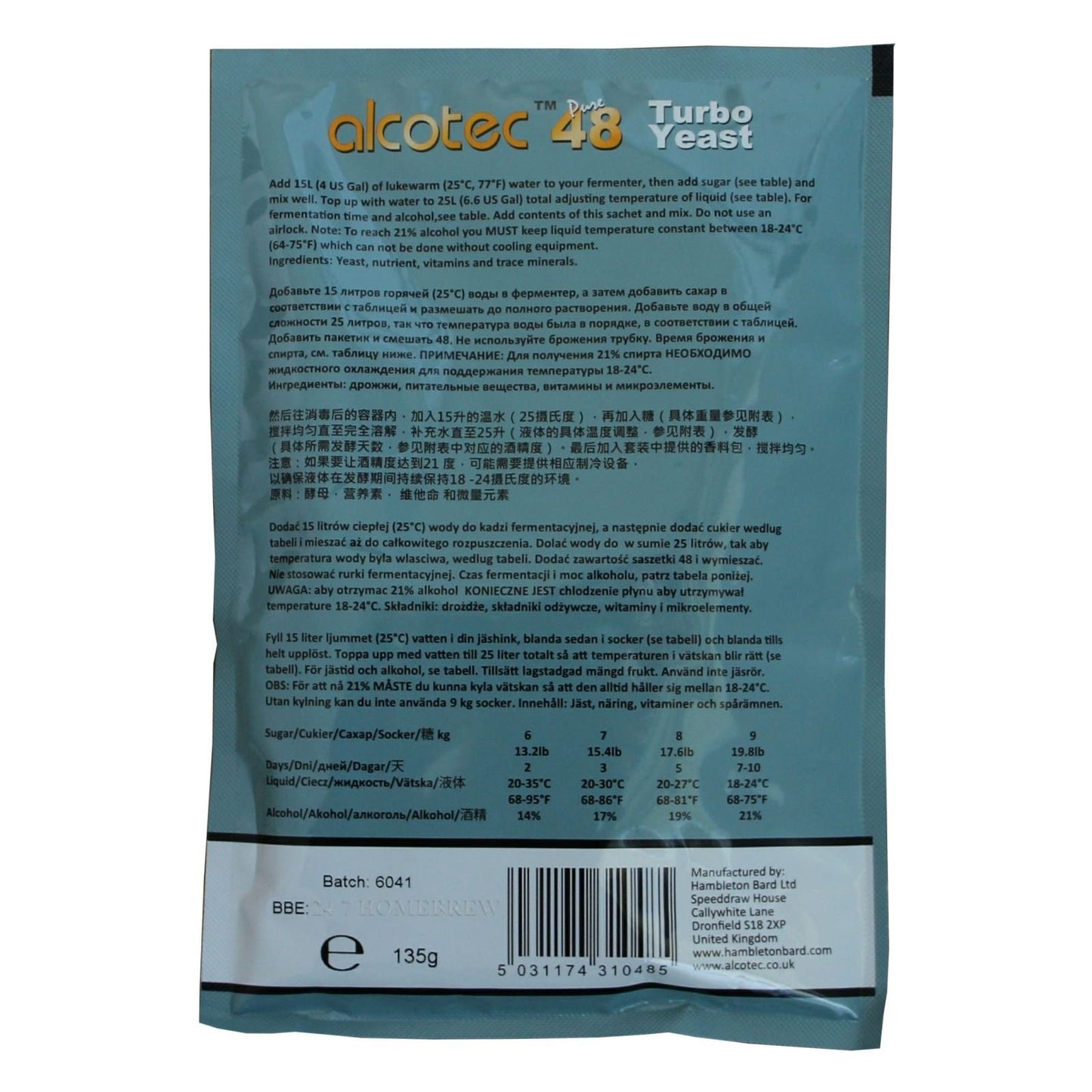 5x Alcotec 48 Pure Turbo Super Yeast Packets High Alcohol 20% Homebrew Vodka