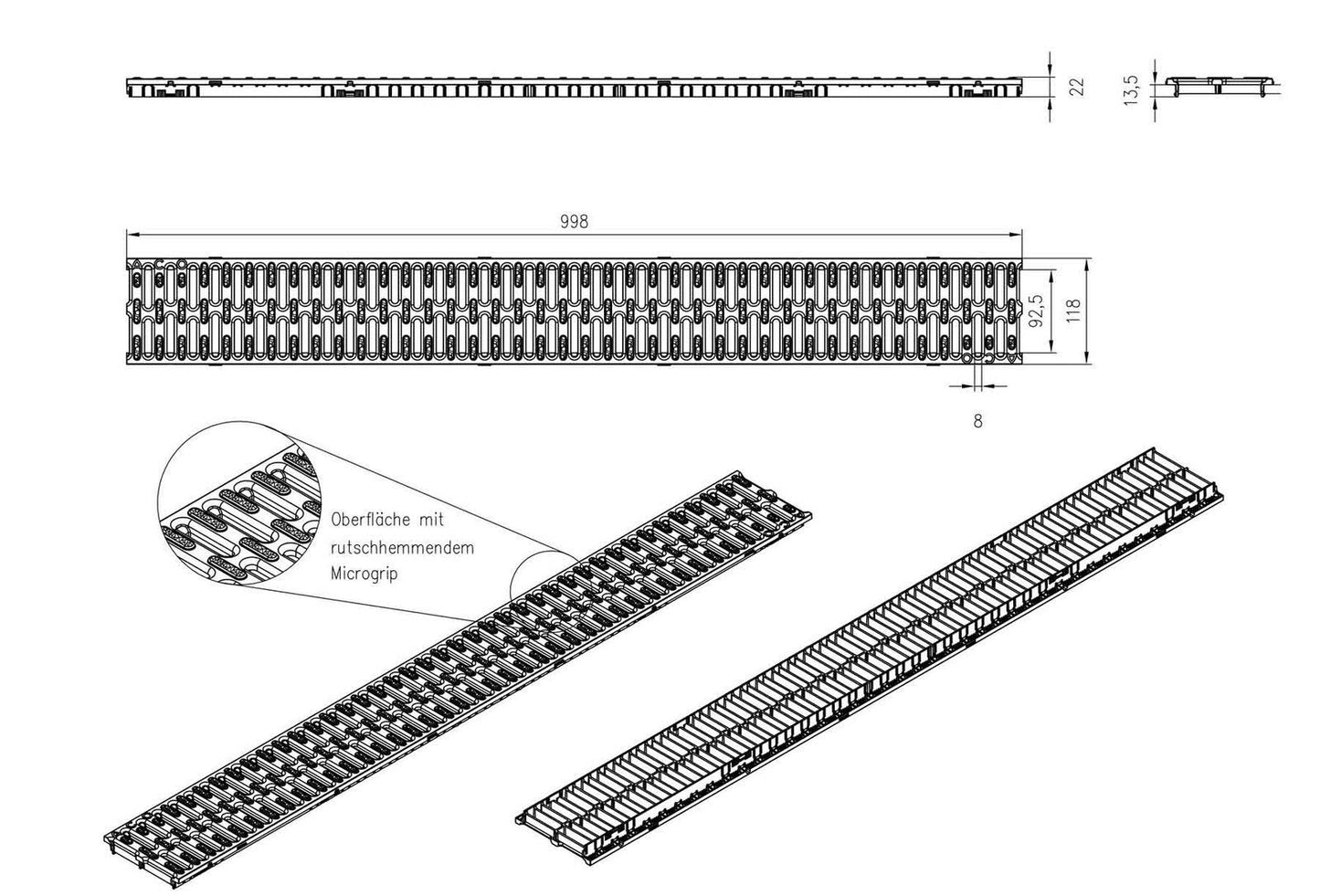 1m ACO Hexaline 2.0 Entwässerungsrinne mit Microgrip Stegrost Rinne Bodenrinne Terrassenrinne