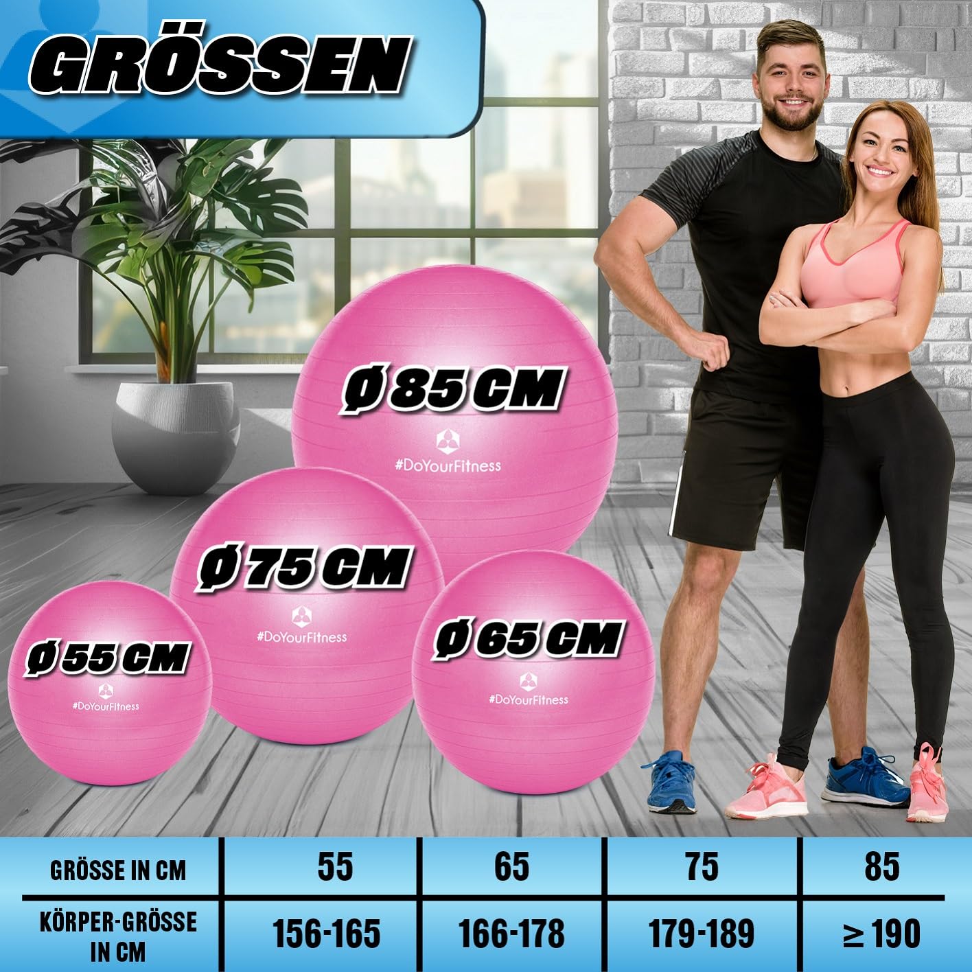 #DoYourFitness Gymnastikball inkl. Ballpumpe | Fitness Sitzball in 55cm bis 85cm | Anti-Burst | Trainingsball für Yoga, Pilates, Gym, Büro & Schwangerschaft | Fitnessball & Balance für Core-Training