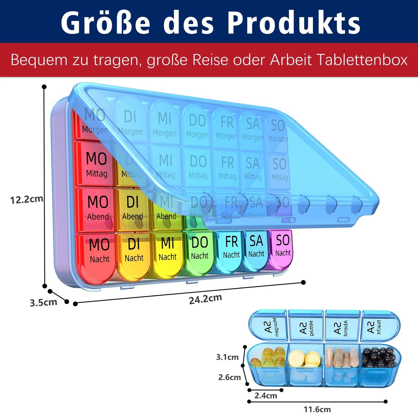Doruimi Tablettenbox 7 Tage Morgens Mittags Abends, Klein Pillendose Große Fächer, Medikamentenbox 7 Tage 4 fächer mit Einfachem Offenem Design FüR Kinder äLtere und Arthritische HäNde - Blau