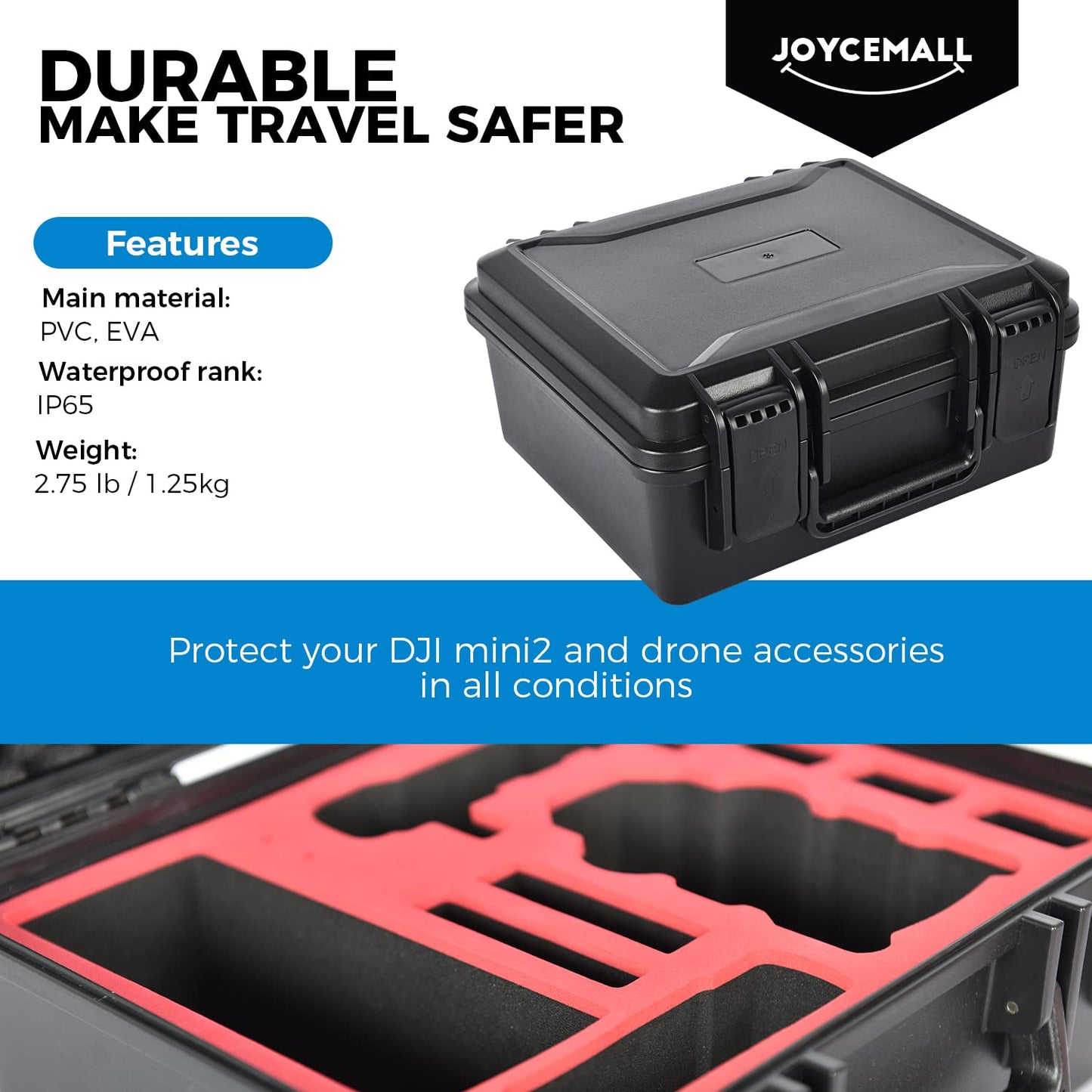 29,5x26,6x14,2cm Wasserdicht Tragbar Koffer, JOYCEMALL Professionell Groß Kompakt Anti-Crash Tragetasche Hartschale Aufbewahrungsbox Kompatibel mit DJI Mavic Mini 2 Drohne Zubehör Voll Schutz Schwarz