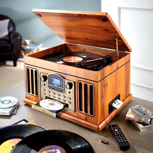 3 PAGEN® Vielseitige Musikanlage – geeignet für CD, Kassetten, Schallplatten, MP3, USB, SD-Karte und Bluetooth, mit UKW-Radio, Retro-Stereoanlage inklusive Fernbedienung & Kopfhöreranschluss