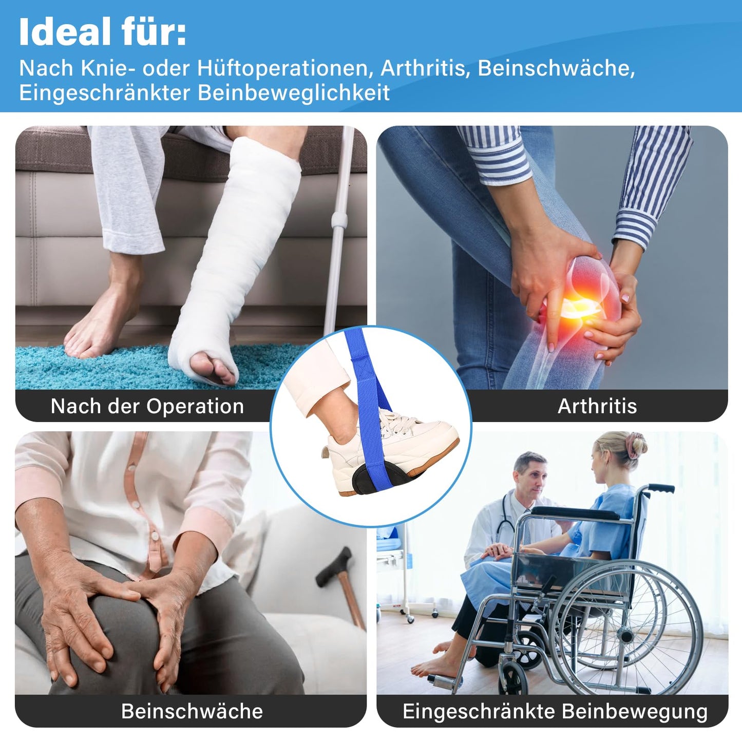 39'' Steifer Beinhebergurt mit Gepolsterte Handgriffe und Fußschlaufe,Mobilitätshilfen für die Genesung von Hüft-Knie-Operationen,Fußheber für Einfaches Ein und Aussteigen aus dem Bett,Auto,Rollstuhl