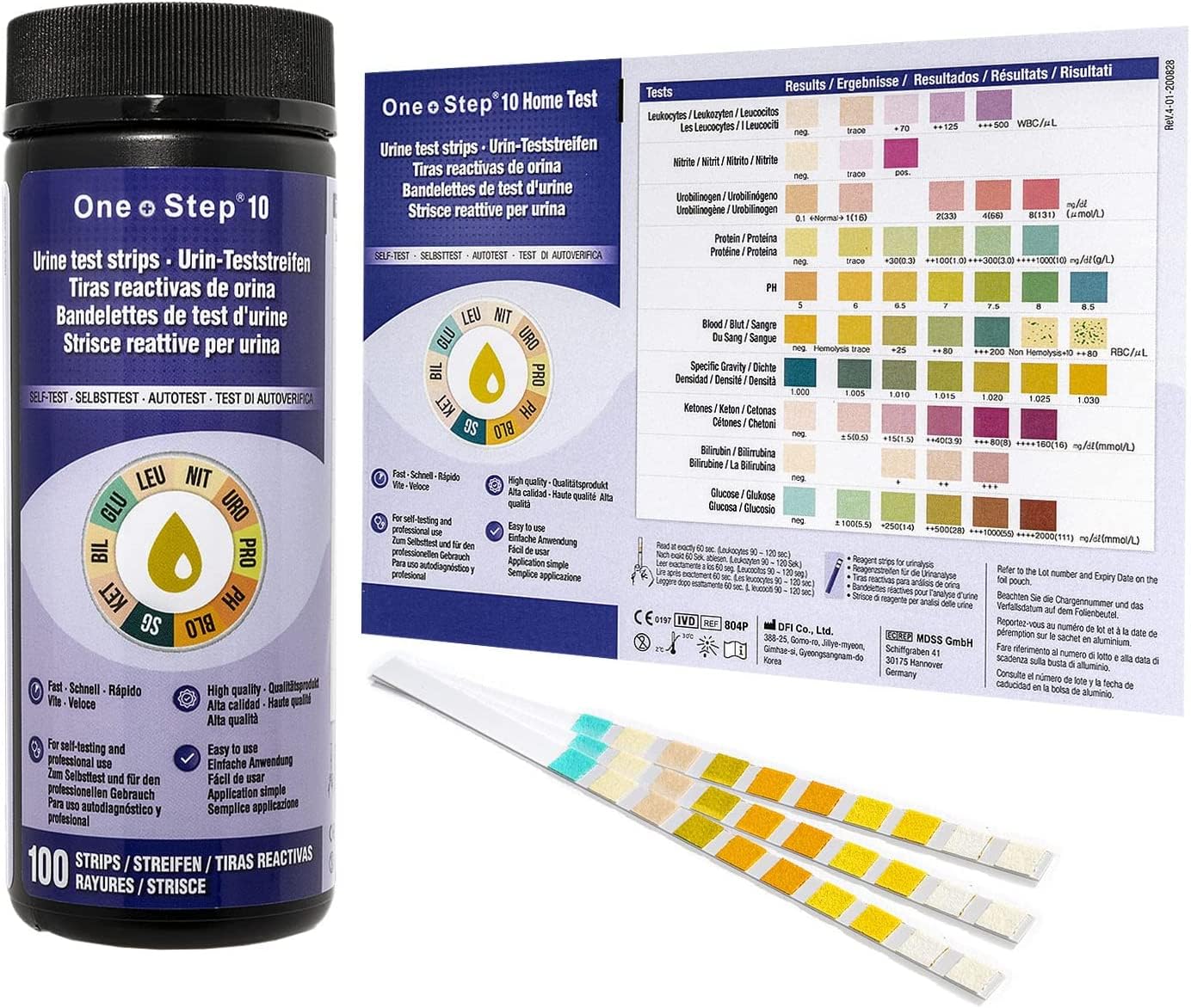 100 Stück One+Step Urin Teststreifen für 10 Indikatoren I Gesundheitstest mit Referenzfarbkarte I Urin Test für Harnwegsinfekt I Urinanalyse Säuren Basen Haushalt