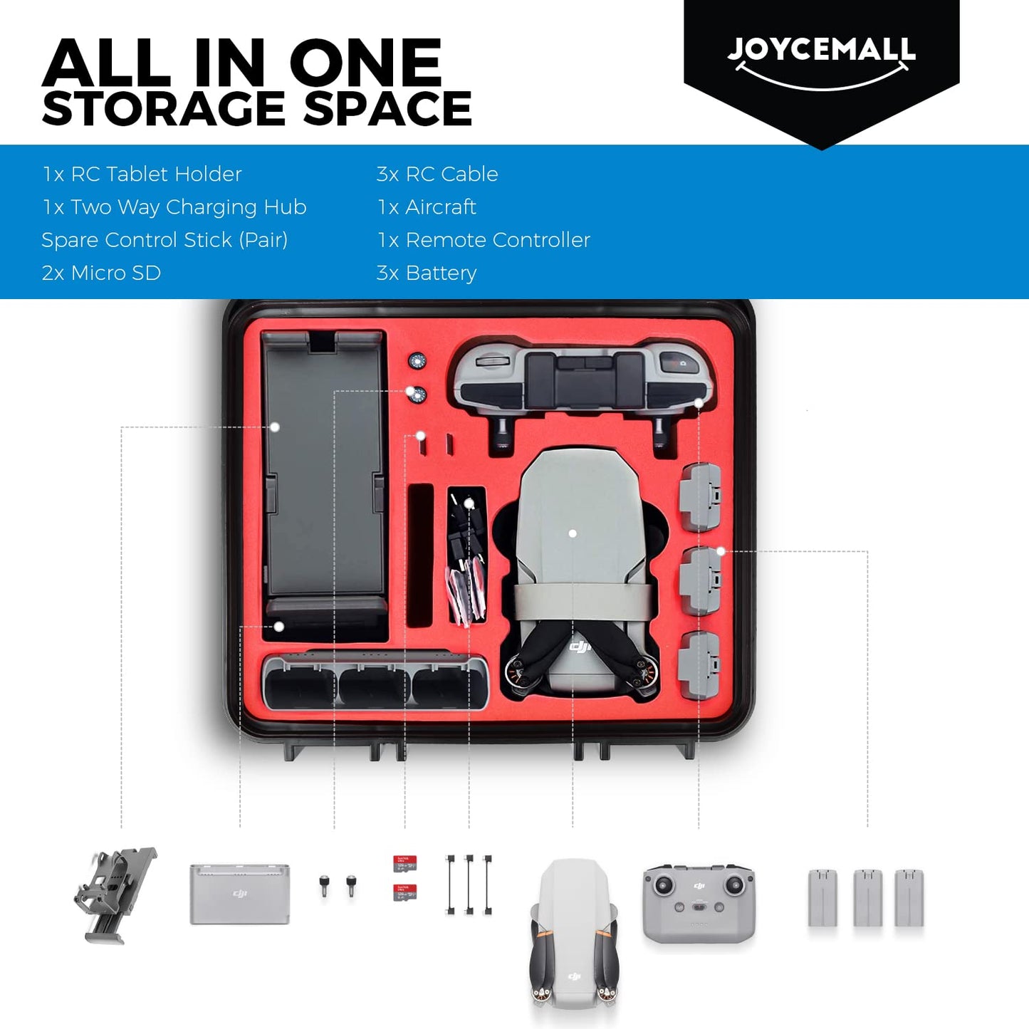 29,5x26,6x14,2cm Wasserdicht Tragbar Koffer, JOYCEMALL Professionell Groß Kompakt Anti-Crash Tragetasche Hartschale Aufbewahrungsbox Kompatibel mit DJI Mavic Mini 2 Drohne Zubehör Voll Schutz Schwarz