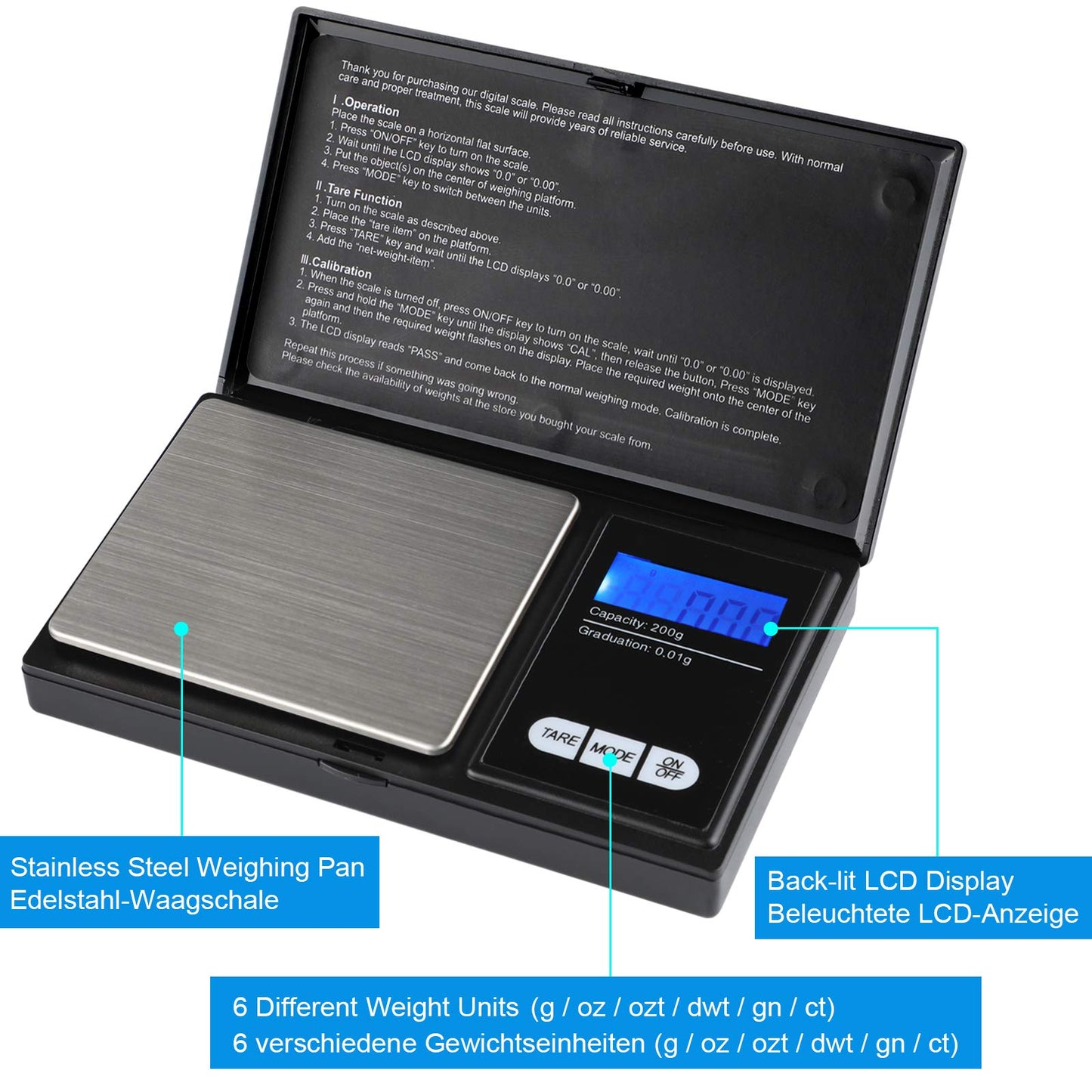 200g/0, 01g Taschenwaage - Ascher digitale Taschenwaage, 200 x 0, 01 g, Taschenwaage Feinwaage Digitalwaage Goldwaage Münzwaage