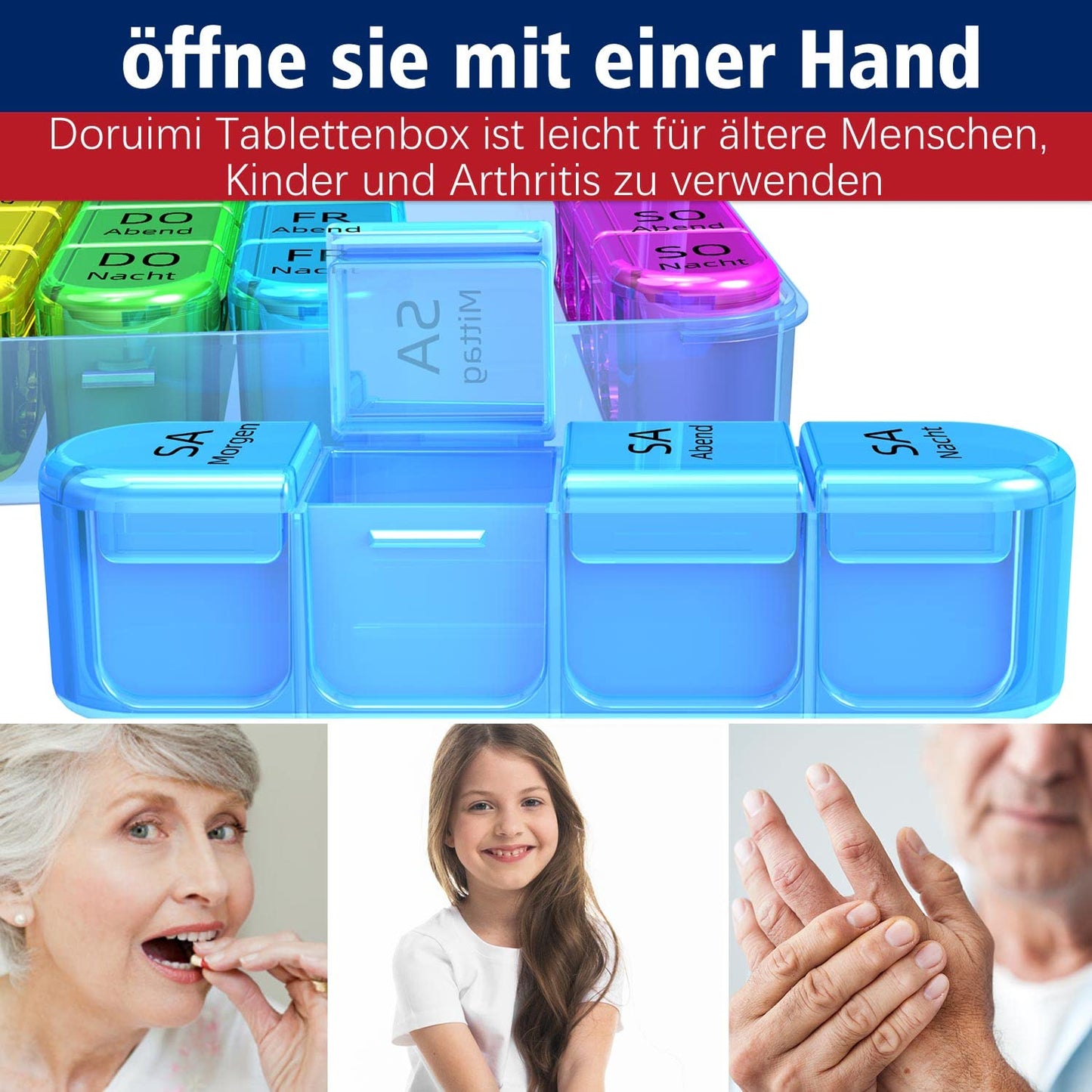 Doruimi Tablettenbox 7 Tage Morgens Mittags Abends, Klein Pillendose Große Fächer, Medikamentenbox 7 Tage 4 fächer mit Einfachem Offenem Design FüR Kinder äLtere und Arthritische HäNde - Blau