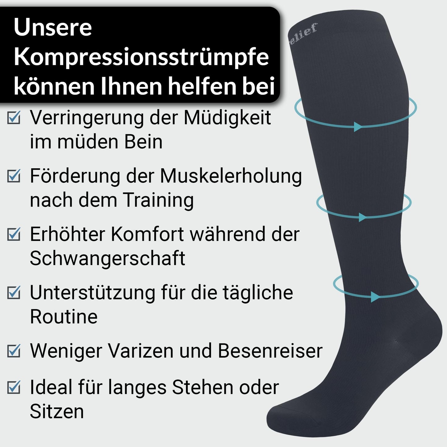 360 Relief Kompressionsstrümpfe Damen und Herren - 1 Paar Kompressionssocken Einfarbig für Sport, Laufen, Flug, Reise, Joggen, Radsport, Kniestrümpfe, L/XL Schwarz mit Wäschenetz