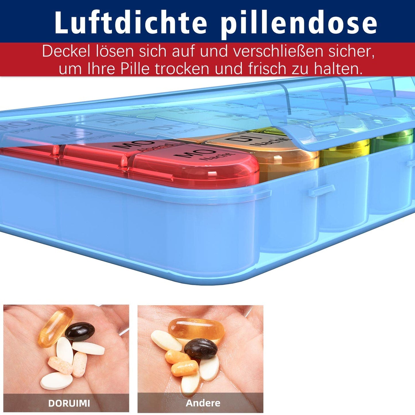 Doruimi Tablettenbox 7 Tage Morgens Mittags Abends, Klein Pillendose Große Fächer, Medikamentenbox 7 Tage 4 fächer mit Einfachem Offenem Design FüR Kinder äLtere und Arthritische HäNde - Blau