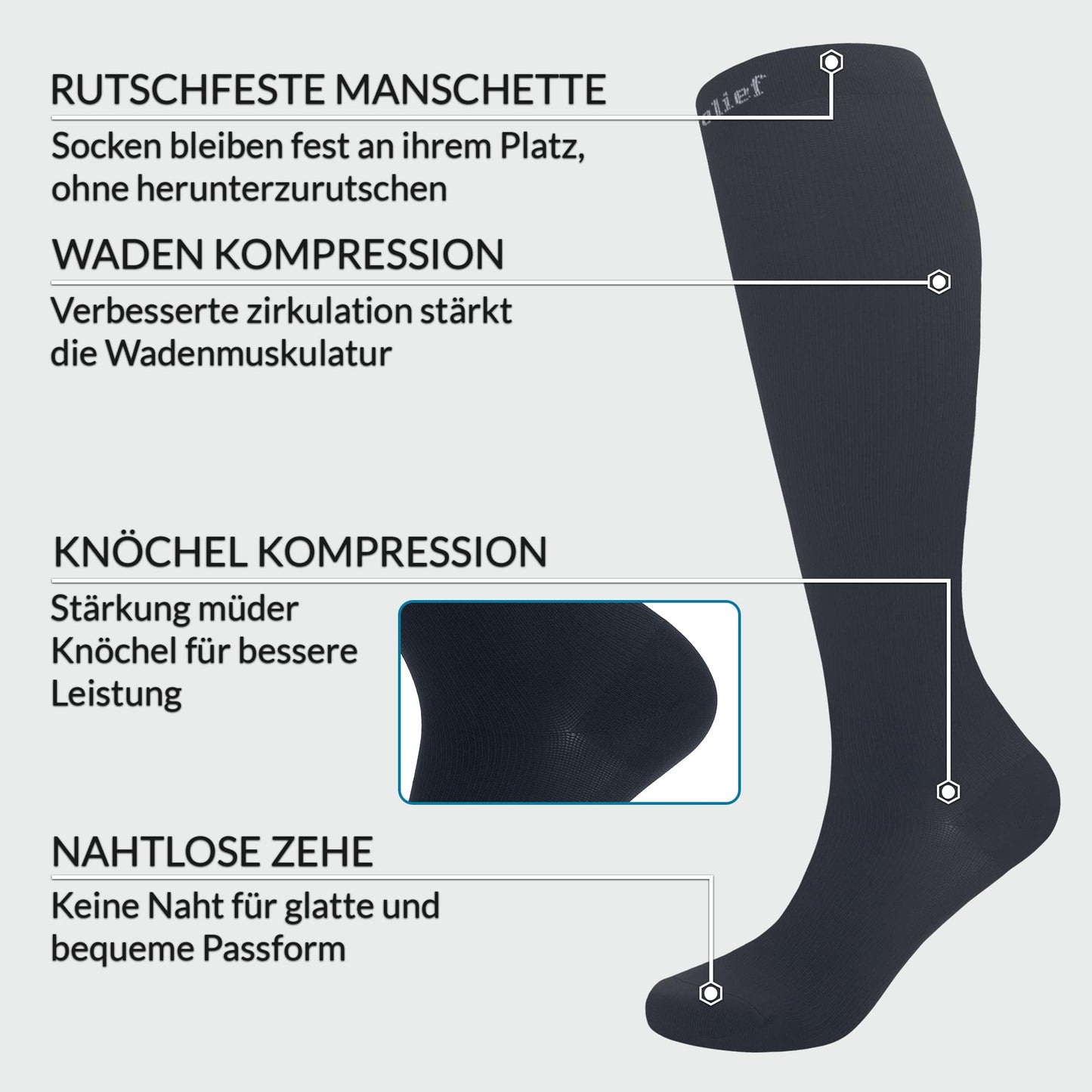 360 Relief Kompressionsstrümpfe Damen und Herren - 1 Paar Kompressionssocken Einfarbig für Sport, Laufen, Flug, Reise, Joggen, Radsport, Kniestrümpfe, L/XL Schwarz mit Wäschenetz