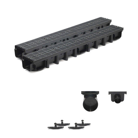 2m Entwässerungsrinne für modulares System A15 98mm, komplett Stegrost Kunststoff, Schwarz Line