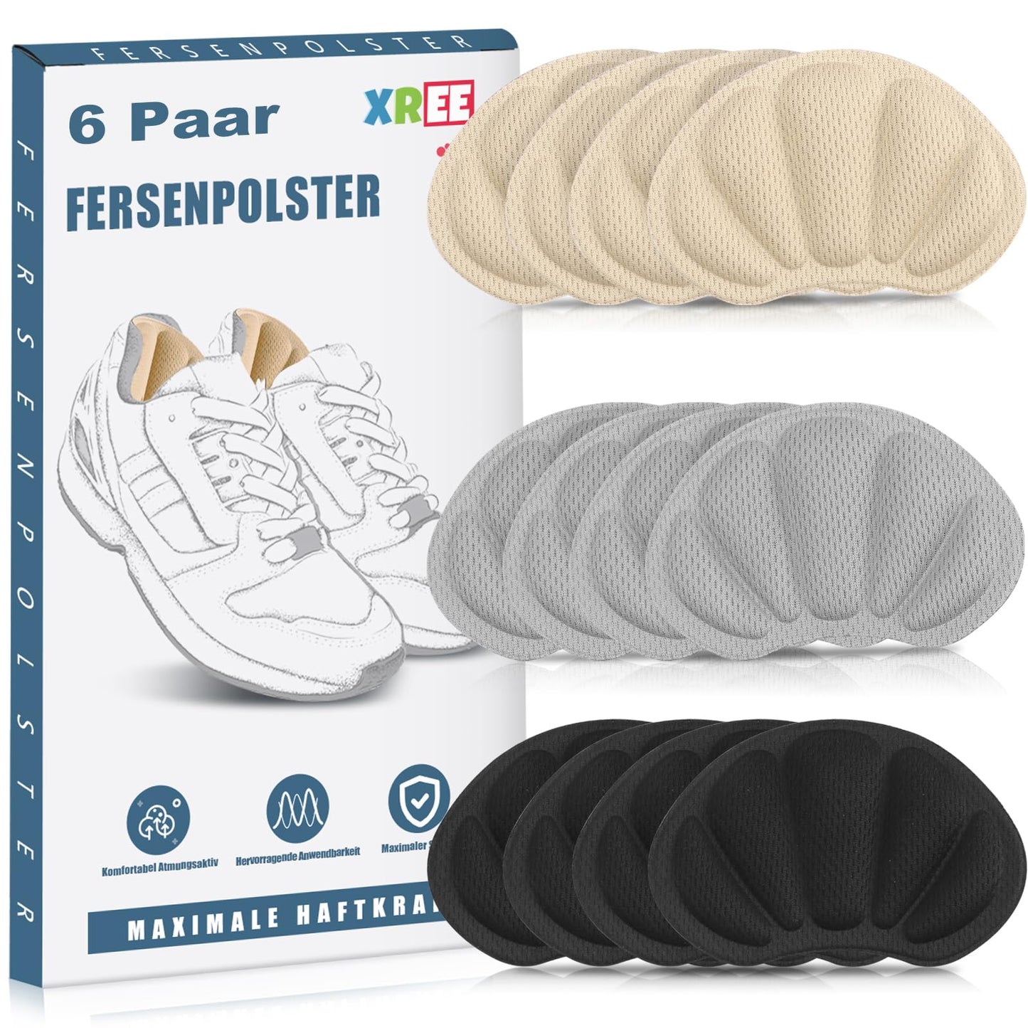 6 Paar Fersenpolster, Fersenschutz Fersenkissen Selbstklebend Fersenschutzpolster gegen Reibung Fersenpads Antirutsch Einlagen für Männer Frauen(Grau&Schwarz&Hautfarben)