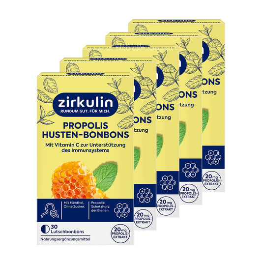 Zirkulin Propolis Hals- & Husten-Bonbons (5x 30 Stk.) – 20mg Propolis pro Bonbon - mit wertvollem Vitamin C & Menthol – Honig Orange Aroma – wohltuende Lutschbonbons – Ohne Zucker